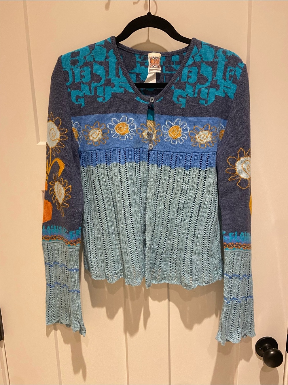OILILY Colorblock Floral Knit Cardigan in Teal & Blue